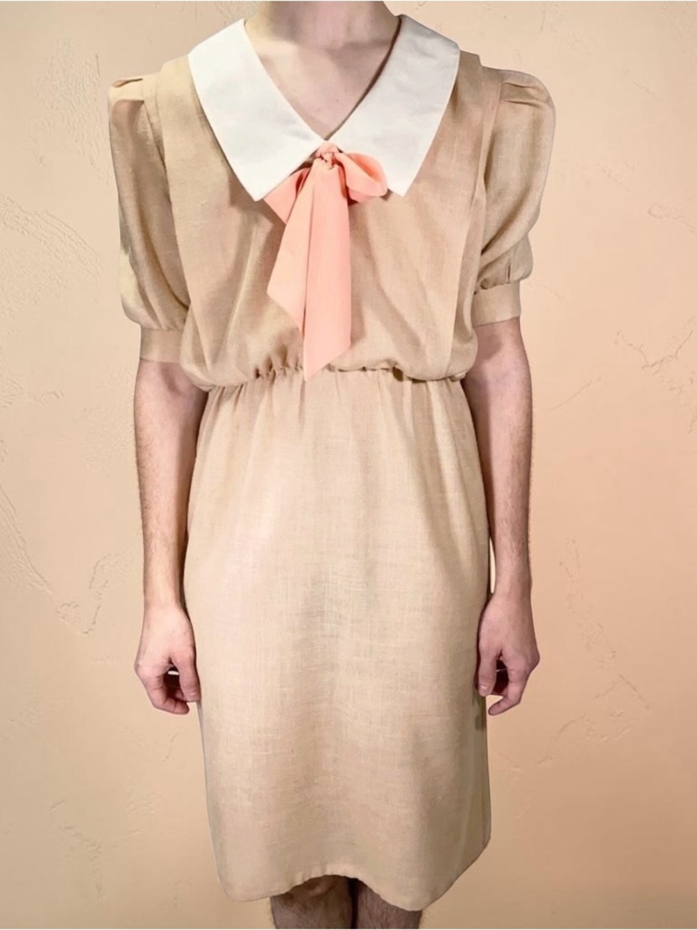 Vintage Avon Fashions Oatmeal Beige Midi Dress White Sailor Collar & Peach Bow